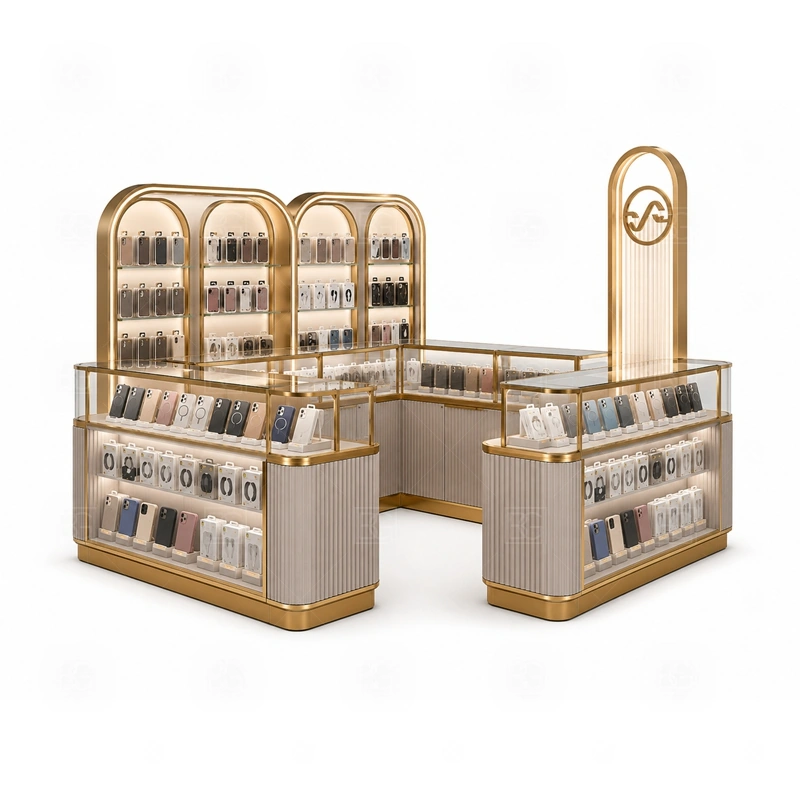 Modern Retail Phone Kiosk and Accessories Display service area for quick product selection, checkout, packaging, and replenishment during walk-by traffic shown in the modern retail phone kiosk and accessories display product photos; the kiosk can follow sales counter, POS area, packing surface, and staff-side storage