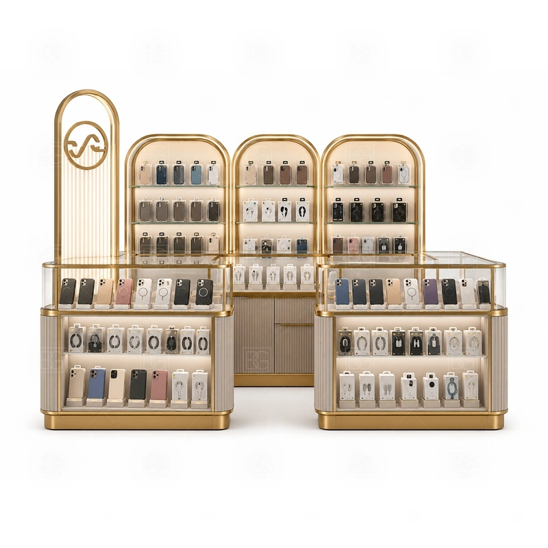 Modern Retail Phone Kiosk and Accessories Display signage detail with clean category signs and logo panels that keep shopper attention on the accessory wall shown in the modern retail phone kiosk and accessories display product photos; this page also uses custom logo signage and brand color presentation