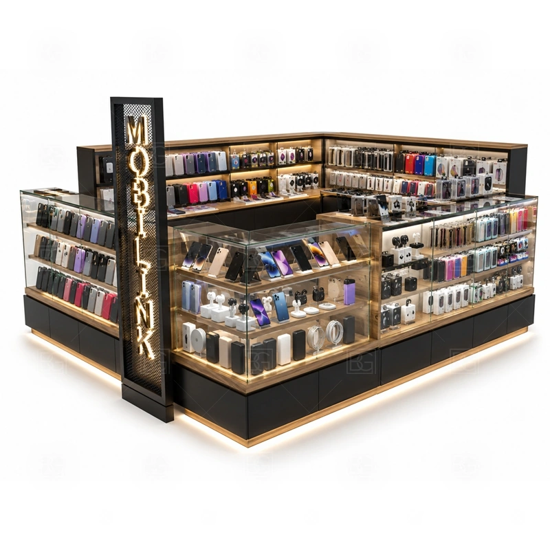 Modular Cell Phone Display Counter with Lockable Storage with a modular phone kiosk with section-based counters, flexible display areas, and export-friendly construction shown in the modular cell phone display counter with lockable storage product photos for counter-based phone display and checkout