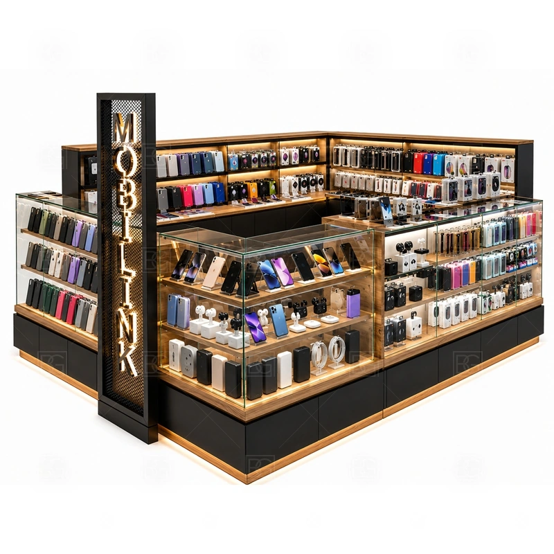 Modular Cell Phone Display Counter with Lockable Storage showing counter-based selling with front customer display and a practical staff-side checkout route shown in the modular cell phone display counter with lockable storage product photos, with clear customer approach from the main mall walkway and quick staff access from the rear