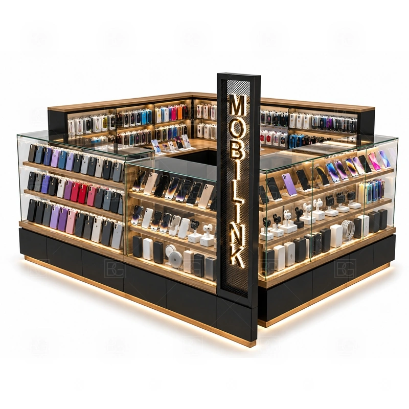 Modular Cell Phone Display Counter with Lockable Storage service area for sales, repair support, checkout, and packing arranged in modules that are easier to manufacture and install shown in the modular cell phone display counter with lockable storage product photos; the kiosk can follow sales counter, POS area, packing surface, and staff-side storage