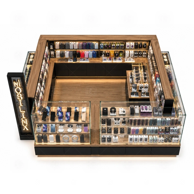 Modular Cell Phone Display Counter with Lockable Storage storage detail for lockable lower cabinets, divided drawers, and staff-only stock access for safer daily operation shown in the modular cell phone display counter with lockable storage product photos, with a layout that can be checked against lease drawings before production begins