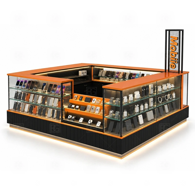 Modular Cellphone Accessories Kiosk for Sale with a modular phone kiosk with section-based counters, flexible display areas, and export-friendly construction shown in the modular cellphone accessories kiosk for sale product photos for mobile accessory retail and small electronics display