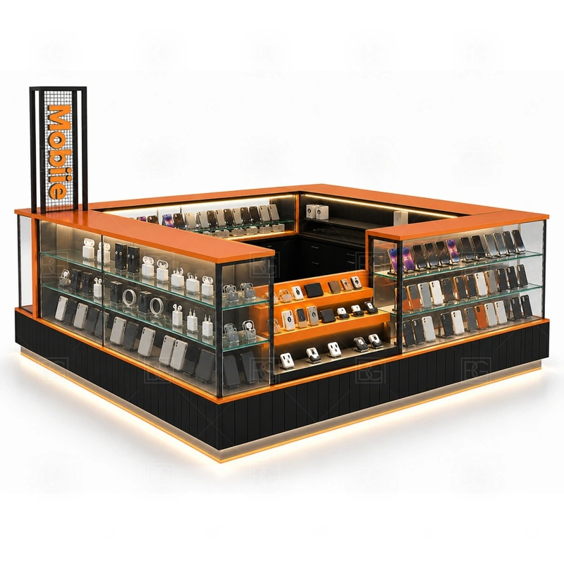 Modular Cellphone Accessories Kiosk for Sale showing a module-based footprint where counters, displays, storage, and service points can be divided for production shown in the modular cellphone accessories kiosk for sale product photos, with a layout that can be checked against lease drawings before production begins