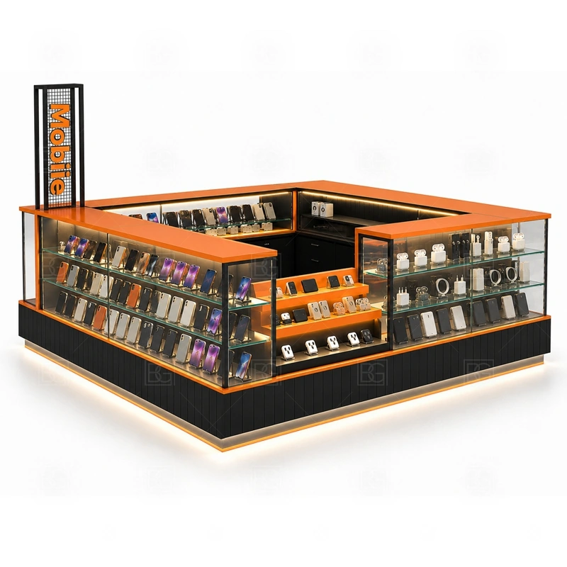 Modular Cellphone Accessories Kiosk for Sale display detail for repeatable showcase modules, wall display sections, and counter units that can be adjusted by product category shown in the modular cellphone accessories kiosk for sale product photos; the product photos also emphasize phone accessory displays, glass counters, and small product shelving