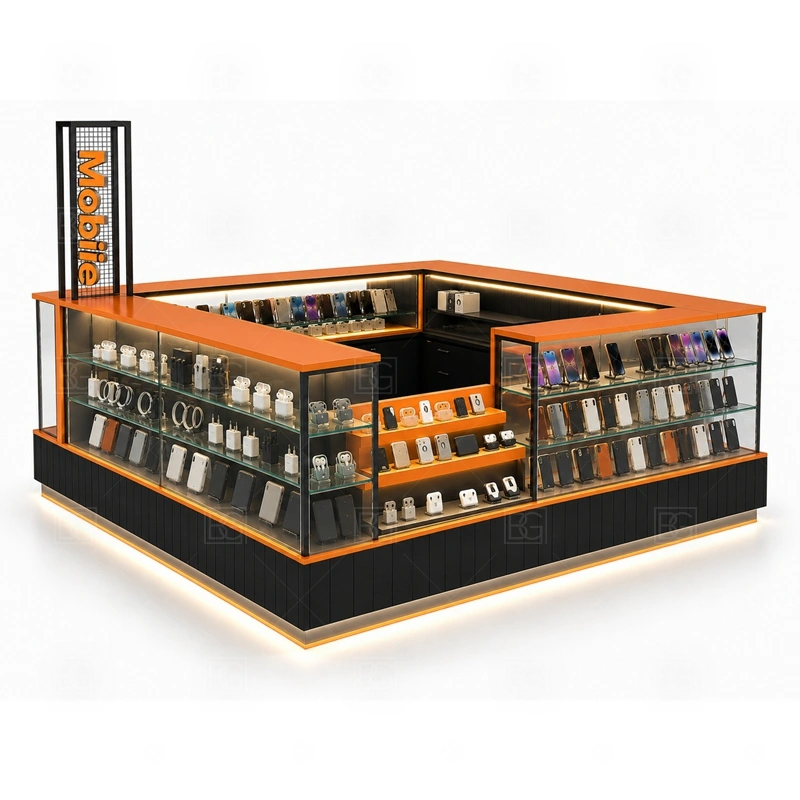 Modular Cellphone Accessories Kiosk for Sale service area for sales, repair support, checkout, and packing arranged in modules that are easier to manufacture and install shown in the modular cellphone accessories kiosk for sale product photos; the kiosk can follow sales counter, POS area, packing surface, and staff-side storage