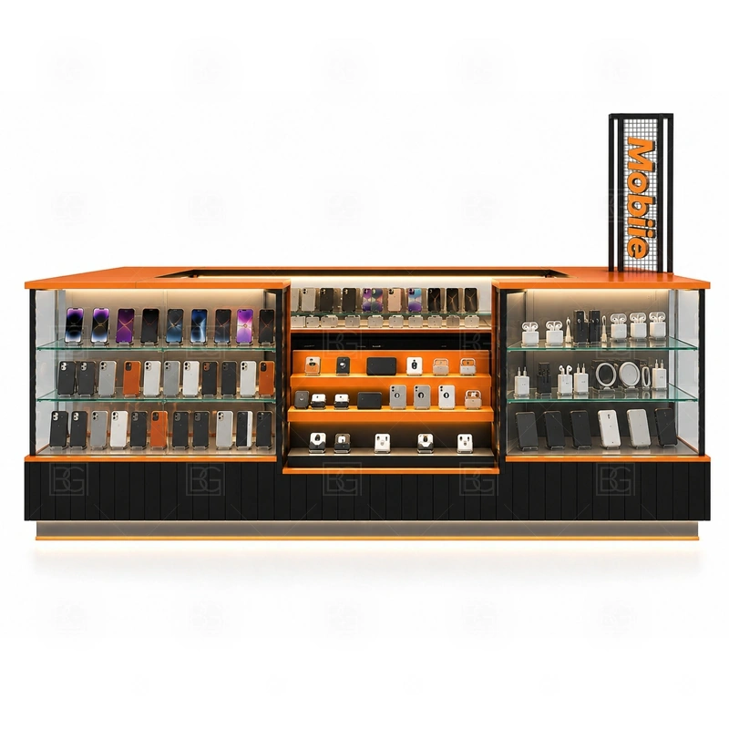 Modular Cellphone Accessories Kiosk for Sale signage detail with logo and light modules that can be packed separately and aligned during installation shown in the modular cellphone accessories kiosk for sale product photos; this page also uses tall logo tower and LED brand lighting