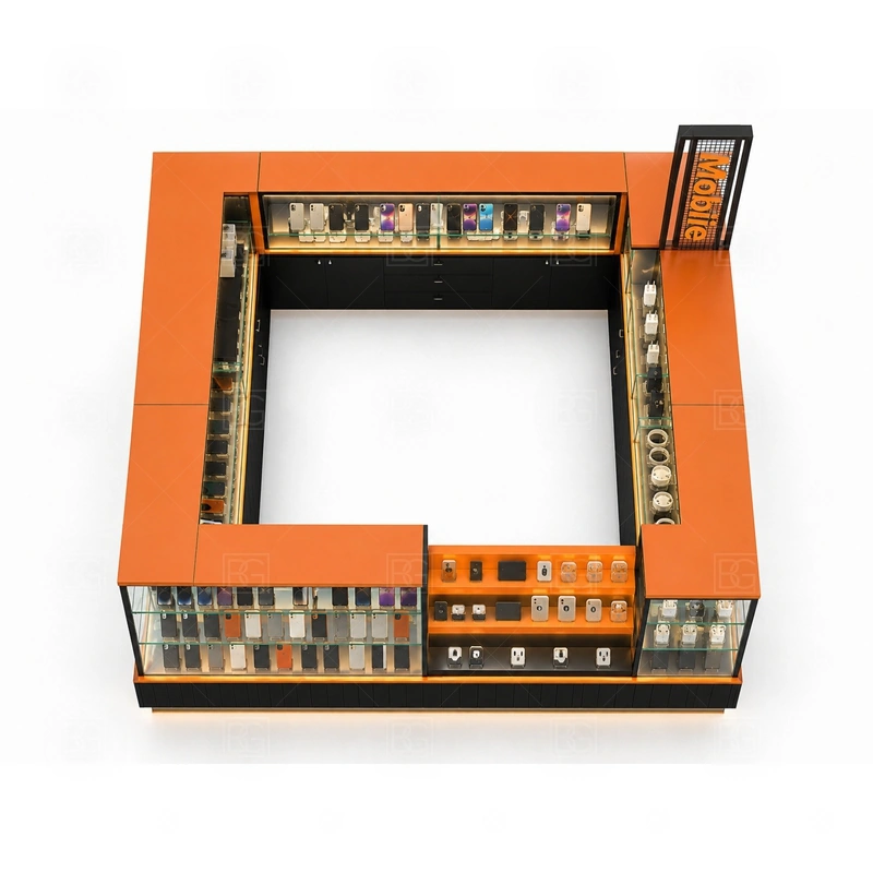 Modular Cellphone Accessories Kiosk for Sale storage detail for separate drawer and cabinet modules for safer packing and easier future replacement shown in the modular cellphone accessories kiosk for sale product photos, with clear customer approach from the main mall walkway and quick staff access from the rear