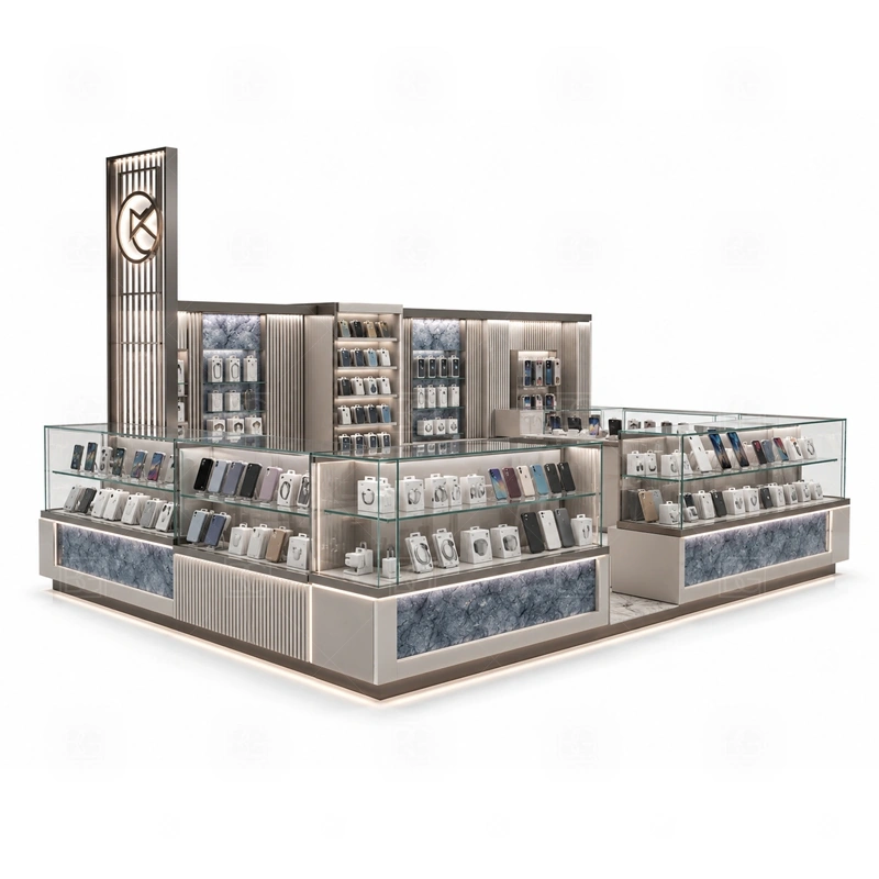 Modular Mobile Accessories Kiosk and Accessories Display with an accessory-focused kiosk with dense wall merchandising, glass counter protection, and quick-browse front shelves shown in the modular mobile accessories kiosk and accessories display product photos for mobile accessory retail and small electronics display