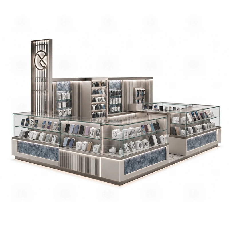 Modular Mobile Accessories Kiosk and Accessories Display showing a front browsing zone supported by staff-side drawers and fast restocking access shown in the modular mobile accessories kiosk and accessories display product photos, with a stronger first impression at browsing distance plus practical checkout close to the display