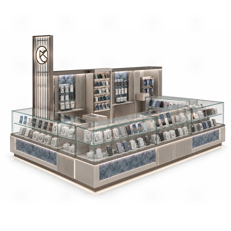 Modular Mobile Accessories Kiosk and Accessories Display display detail for a wider accessory mix shown through wall panels, shelves, hooks, and front counter displays shown in the modular mobile accessories kiosk and accessories display product photos; the product photos also emphasize phone accessory displays, glass counters, and small product shelving