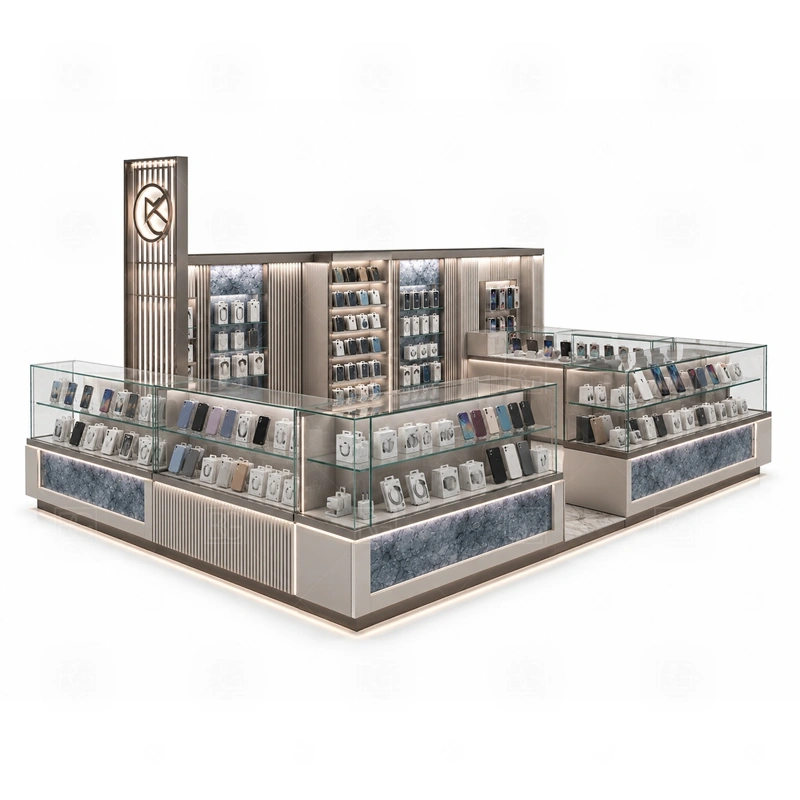 Modular Mobile Accessories Kiosk and Accessories Display storage detail for divided lower cabinets for high-turnover cases, cables, protectors, and spare display stock shown in the modular mobile accessories kiosk and accessories display product photos, with a customer side that stays visually tidy even when staff are restocking or packing orders