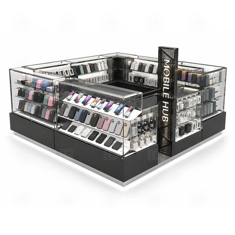 Modular Mobile Phone Kiosk Design with a modular phone kiosk with section-based counters, flexible display areas, and export-friendly construction shown in the modular mobile phone kiosk design product photos for mobile phone and accessory retail