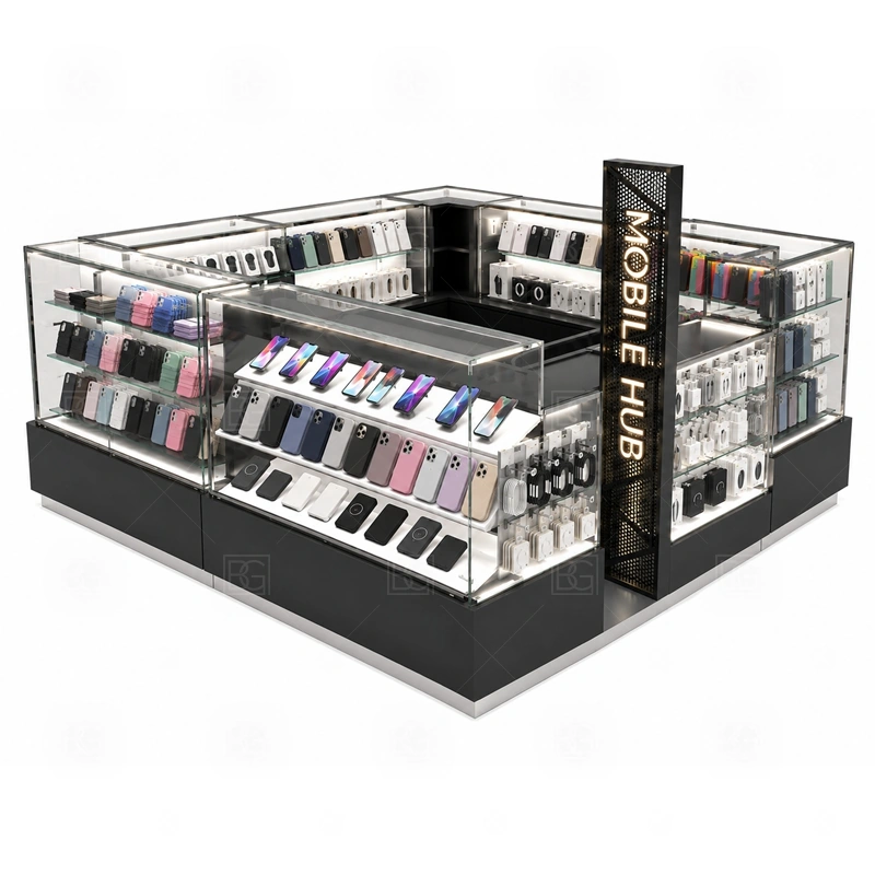 Modular Mobile Phone Kiosk Design showing a module-based footprint where counters, displays, storage, and service points can be divided for production shown in the modular mobile phone kiosk design product photos, with separate zones for browsing, payment, stock refill, and product consultation
