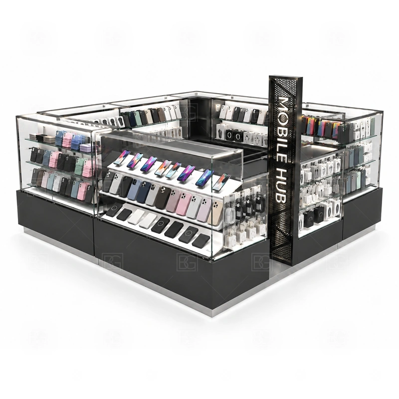 Modular Mobile Phone Kiosk Design display detail for repeatable showcase modules, wall display sections, and counter units that can be adjusted by product category shown in the modular mobile phone kiosk design product photos; the product photos also emphasize phone accessory displays, glass counters, and small product shelving
