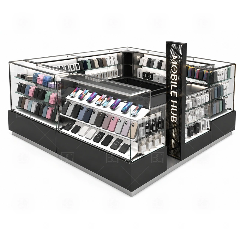 Modular Mobile Phone Kiosk Design service area for sales, repair support, checkout, and packing arranged in modules that are easier to manufacture and install shown in the modular mobile phone kiosk design product photos; the kiosk can follow cashier counter, POS area, customer service opening, and storage planning