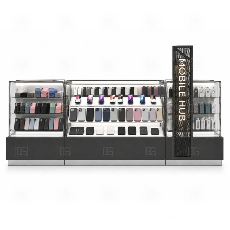 Modular Mobile Phone Kiosk Design signage detail with logo and light modules that can be packed separately and aligned during installation shown in the modular mobile phone kiosk design product photos; this page also uses custom logo signage and brand color presentation