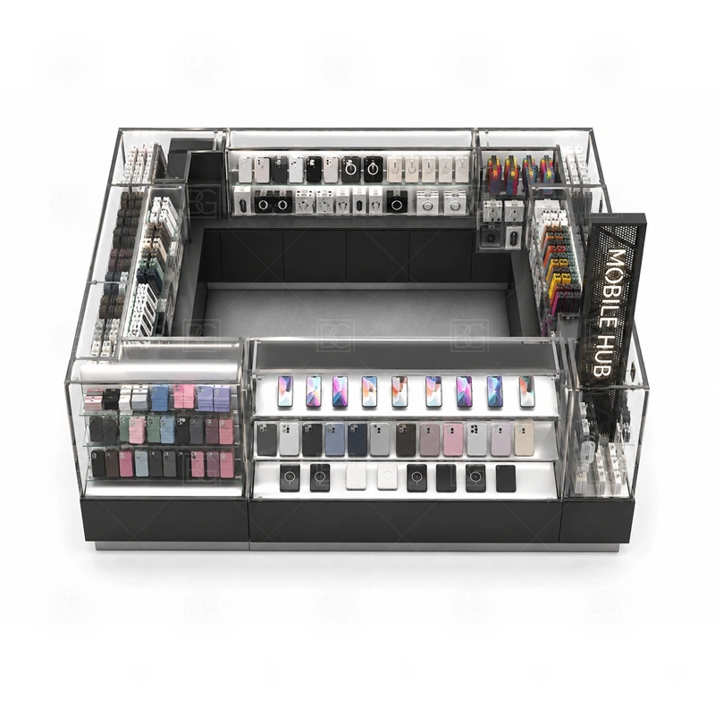 Modular Mobile Phone Kiosk Design storage detail for separate drawer and cabinet modules for safer packing and easier future replacement shown in the modular mobile phone kiosk design product photos, with front-facing customer movement with staff work kept behind the display line