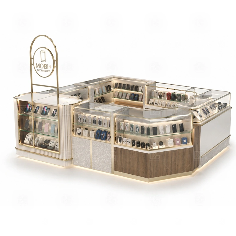 Modular Phone Case Kiosk with Logo Tower with a modular phone kiosk with section-based counters, flexible display areas, and export-friendly construction shown in the modular phone case kiosk with logo tower product photos for phone case merchandising and accessory add-on sales
