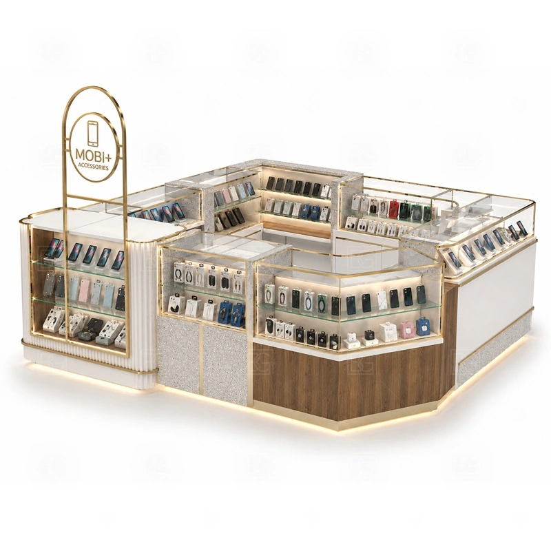 Modular Phone Case Kiosk with Logo Tower showing a module-based footprint where counters, displays, storage, and service points can be divided for production shown in the modular phone case kiosk with logo tower product photos, with separate zones for browsing, payment, stock refill, and product consultation