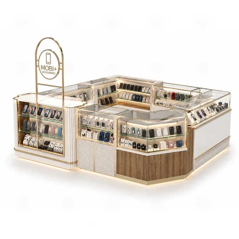 Modular Phone Case Kiosk with Logo Tower display detail for repeatable showcase modules, wall display sections, and counter units that can be adjusted by product category shown in the modular phone case kiosk with logo tower product photos; the product photos also emphasize phone accessory displays, glass counters, and small product shelving