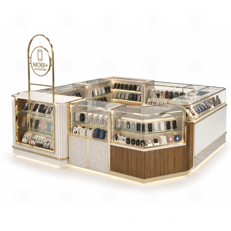 Modular Phone Case Kiosk with Logo Tower service area for sales, repair support, checkout, and packing arranged in modules that are easier to manufacture and install shown in the modular phone case kiosk with logo tower product photos; the kiosk can follow cashier counter, POS area, customer service opening, and storage planning