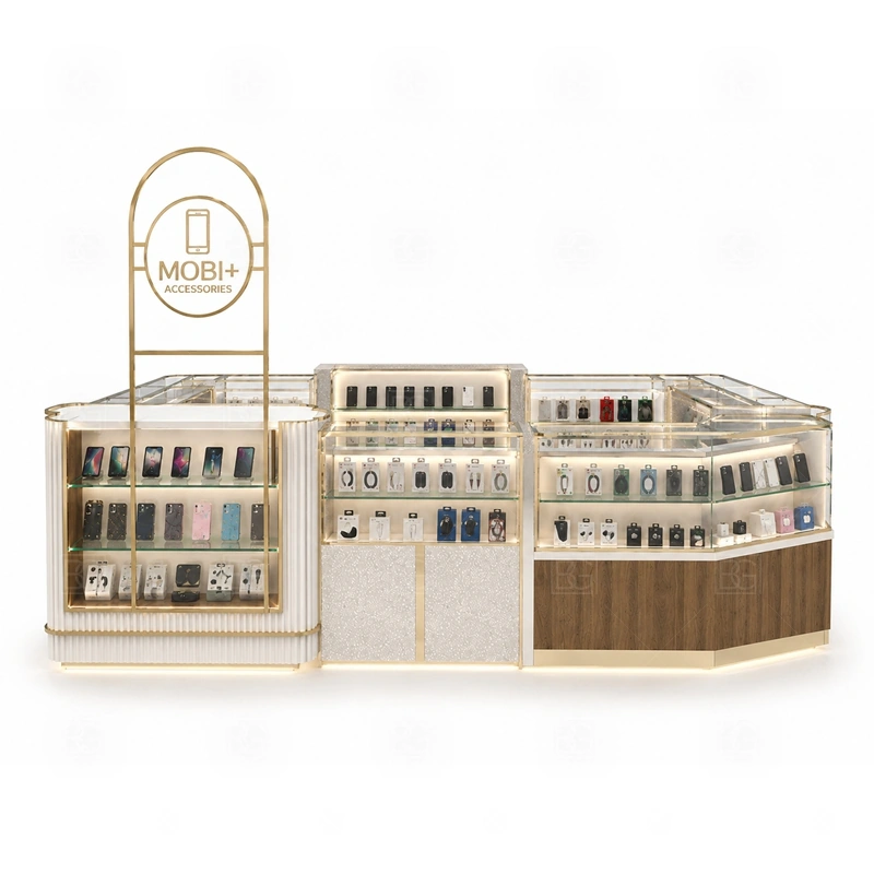 Modular Phone Case Kiosk with Logo Tower signage detail with a taller logo tower, vertical brand panel, and lighted identity zone for long-distance visibility shown in the modular phone case kiosk with logo tower product photos; this page also uses tall logo tower and LED brand lighting