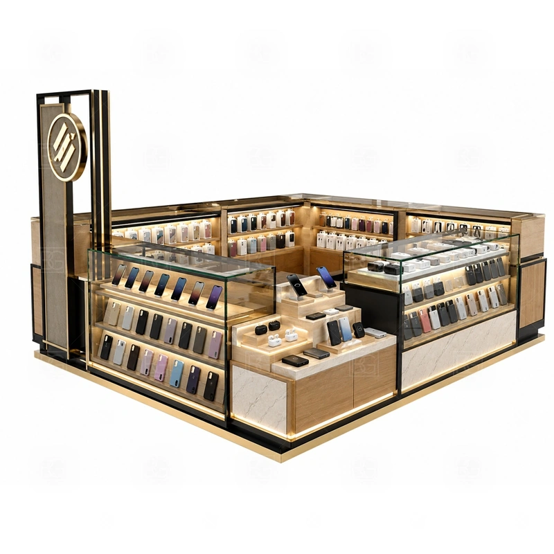 Modular Phone Repair Kiosk for Retail Business with a modular phone kiosk with section-based counters, flexible display areas, and export-friendly construction shown in the modular phone repair kiosk for retail business product photos for repair service and phone accessory sales