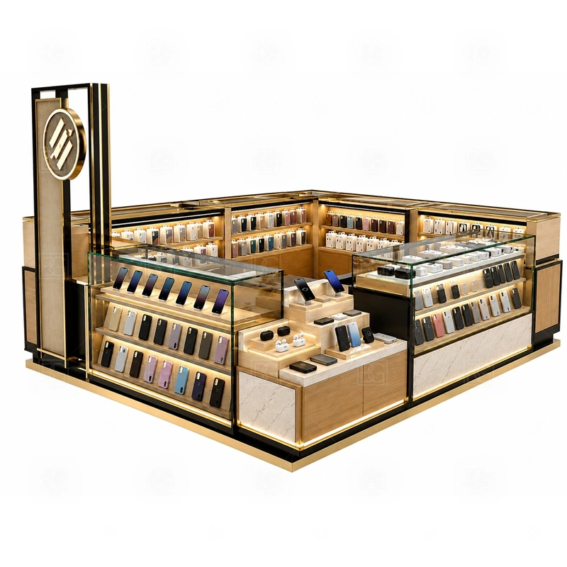 Modular Phone Repair Kiosk for Retail Business showing a module-based footprint where counters, displays, storage, and service points can be divided for production shown in the modular phone repair kiosk for retail business product photos, with front-facing customer movement with staff work kept behind the display line