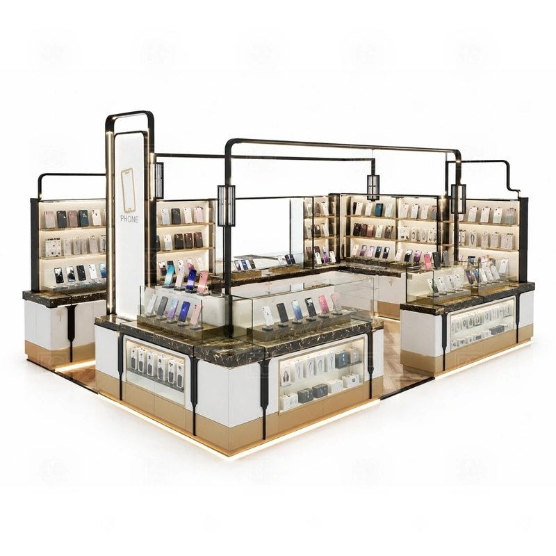 Open Display Cell Phone Kiosk and Accessories Display with an accessory-focused kiosk with dense wall merchandising, glass counter protection, and quick-browse front shelves shown in the open display cell phone kiosk and accessories display product photos for mobile accessory retail and small electronics display