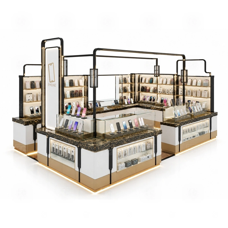Open Display Cell Phone Kiosk and Accessories Display showing a front browsing zone supported by staff-side drawers and fast restocking access shown in the open display cell phone kiosk and accessories display product photos, with separate zones for browsing, payment, stock refill, and product consultation