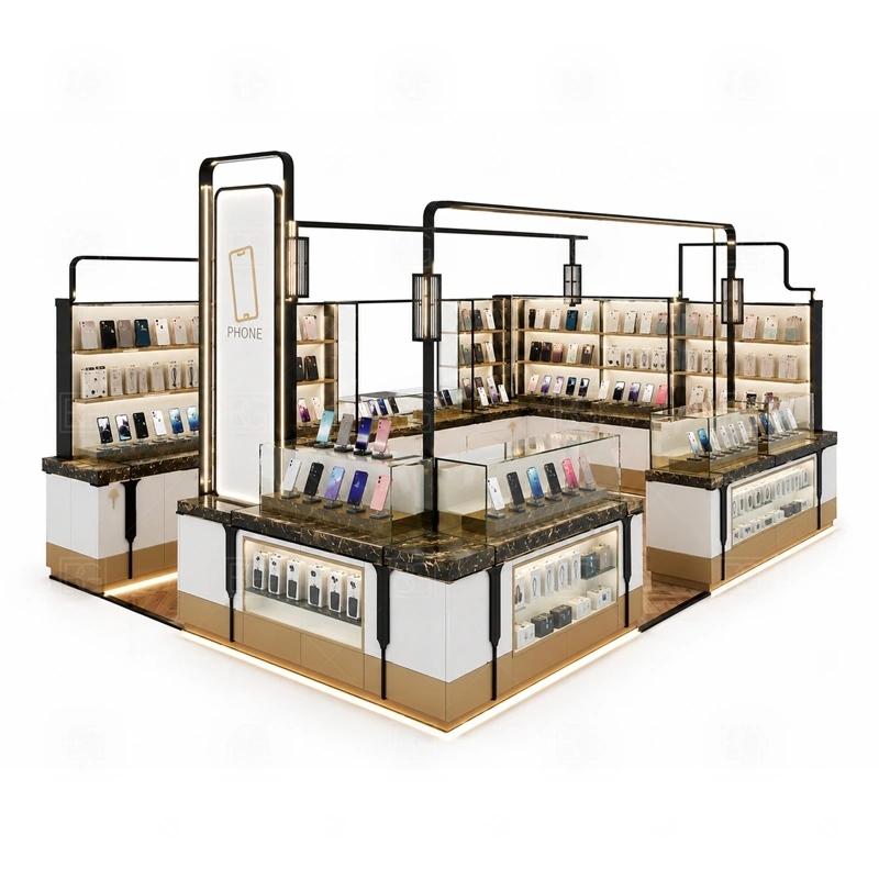 Open Display Cell Phone Kiosk and Accessories Display display detail for a wider accessory mix shown through wall panels, shelves, hooks, and front counter displays shown in the open display cell phone kiosk and accessories display product photos; the product photos also emphasize open shelves and customer-facing accessory display areas