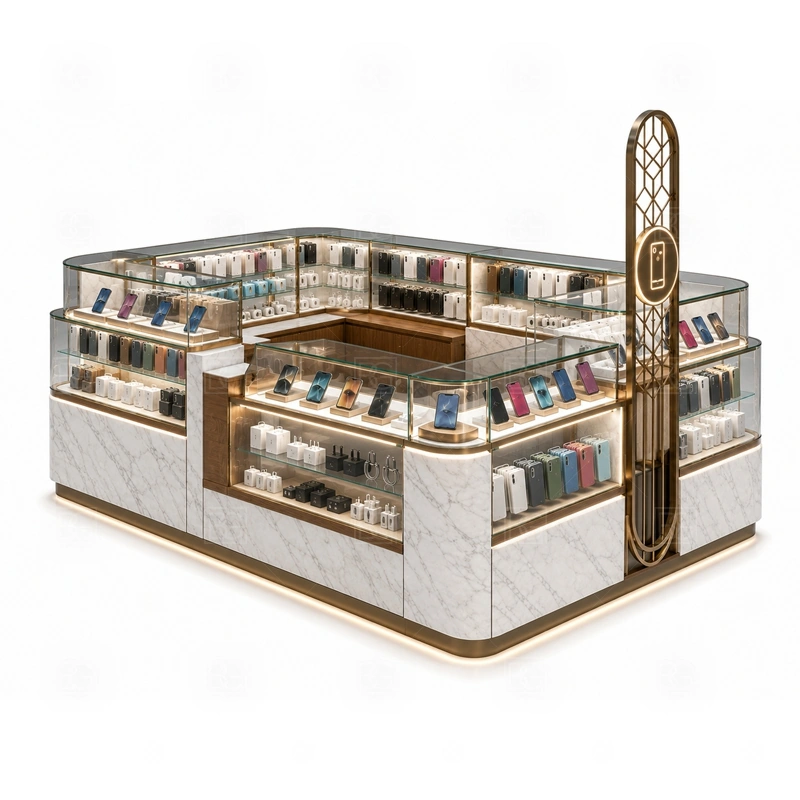 Open Display Cellphone Accessories Kiosk with LED Signage display detail for open shelves, wall hooks, sample products, and selected glass counters for protected items shown in the open display cellphone accessories kiosk with led signage product photos; the product photos also emphasize tempered glass showcases and visible accessory display zones