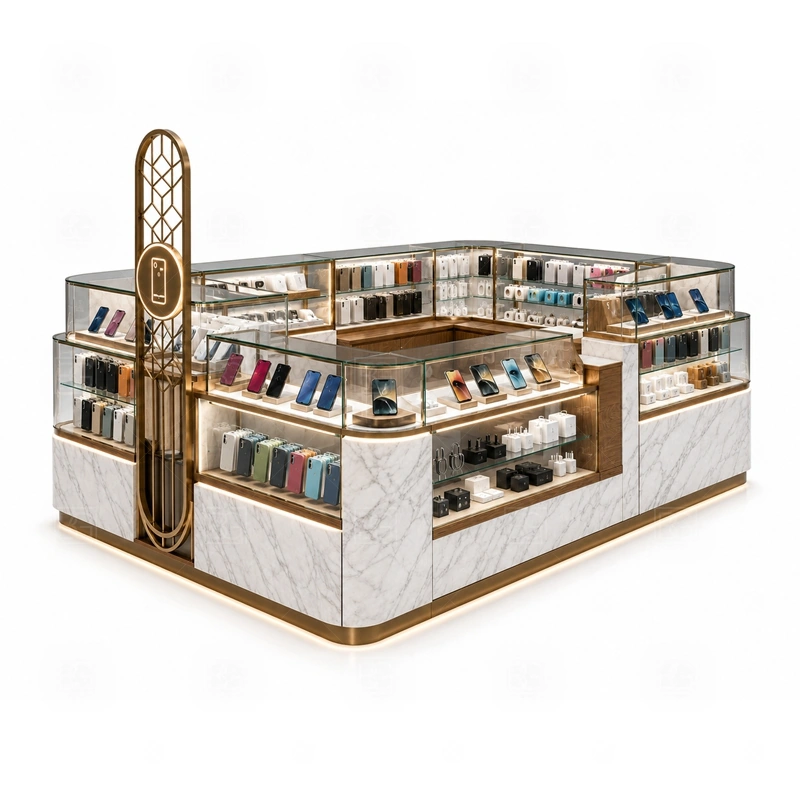 Open Display Cellphone Accessories Kiosk with LED Signage service area for self-browsing support, quick staff recommendation, checkout, and product packing shown in the open display cellphone accessories kiosk with led signage product photos; the kiosk can follow cashier counter, POS area, customer service opening, and storage planning
