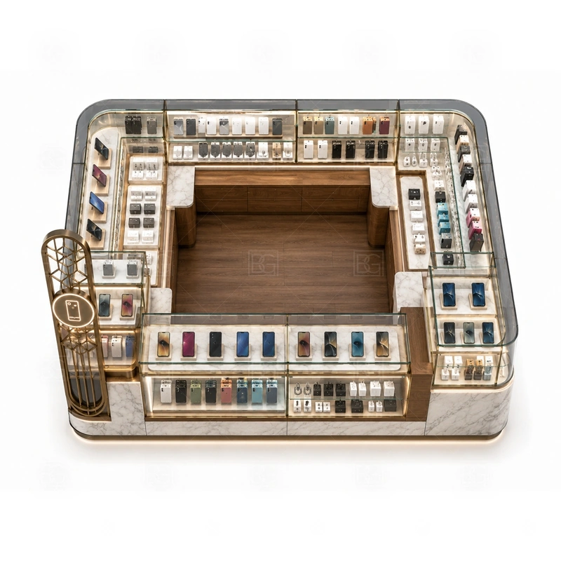 Open Display Cellphone Accessories Kiosk with LED Signage storage detail for hidden stock cabinets and lockable drawers to balance open browsing with inventory control shown in the open display cellphone accessories kiosk with led signage product photos, with a layout that can be checked against lease drawings before production begins