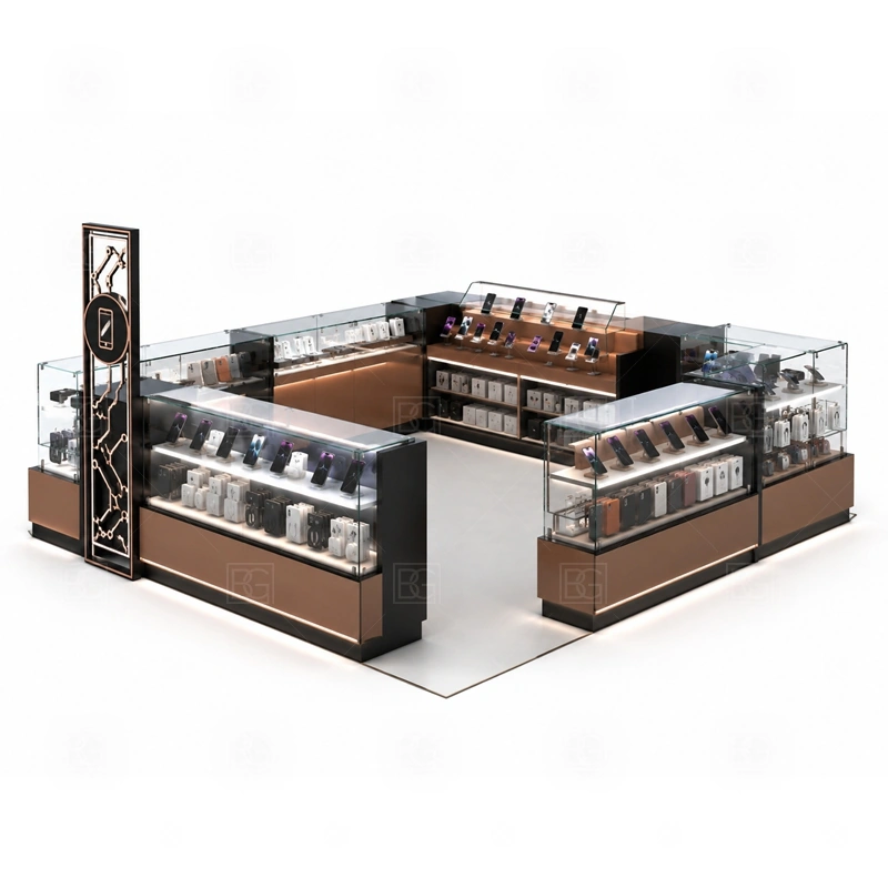 Open Display Mobile Phone Kiosk for Shopping Mall with an open-display phone kiosk with easier product access, visible shelving, and approachable customer browsing shown in the open display mobile phone kiosk for shopping mall product photos for mobile phone and accessory retail