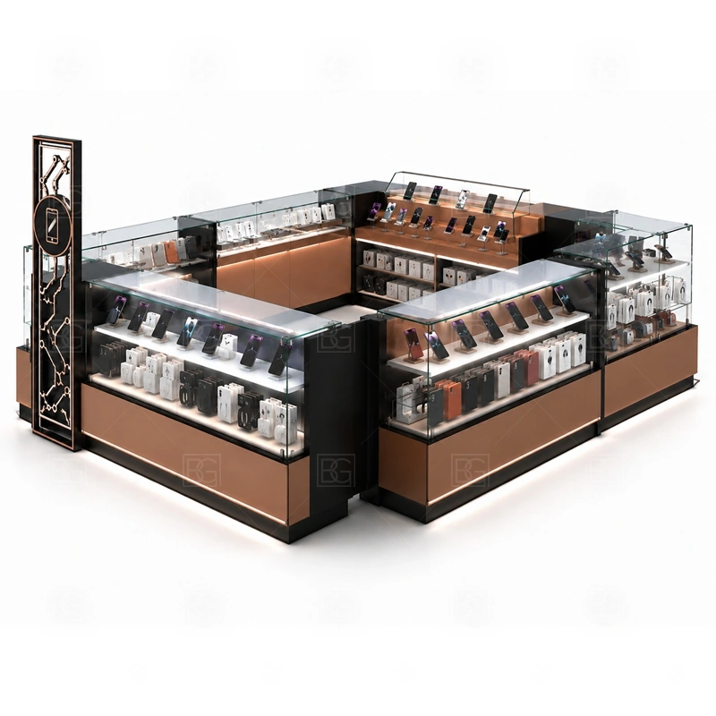 Open Display Mobile Phone Kiosk for Shopping Mall showing an open customer path supported by staff-side counters and lockable areas for higher-value items shown in the open display mobile phone kiosk for shopping mall product photos, with separate zones for browsing, payment, stock refill, and product consultation