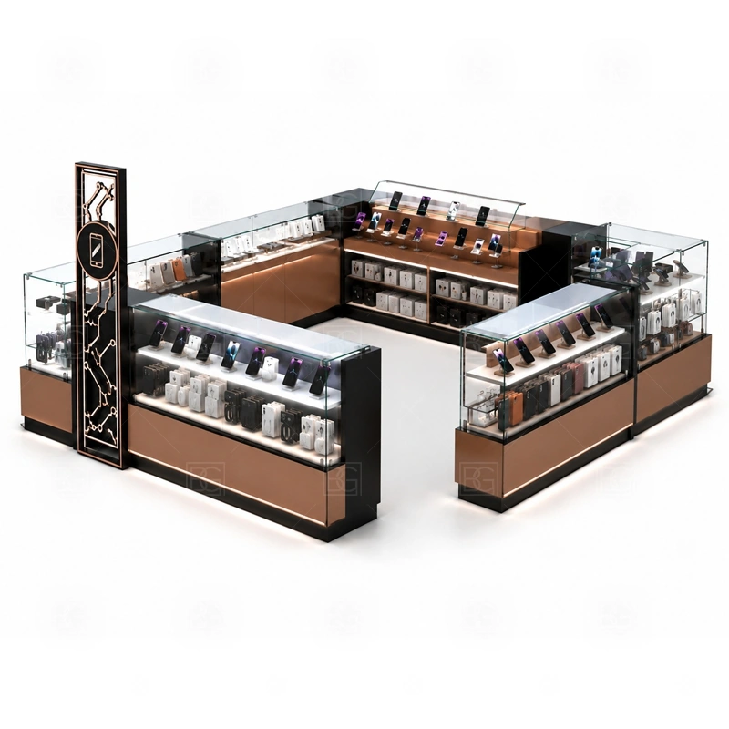 Open Display Mobile Phone Kiosk for Shopping Mall display detail for open shelves, wall hooks, sample products, and selected glass counters for protected items shown in the open display mobile phone kiosk for shopping mall product photos; the product photos also emphasize open shelves and customer-facing accessory display areas