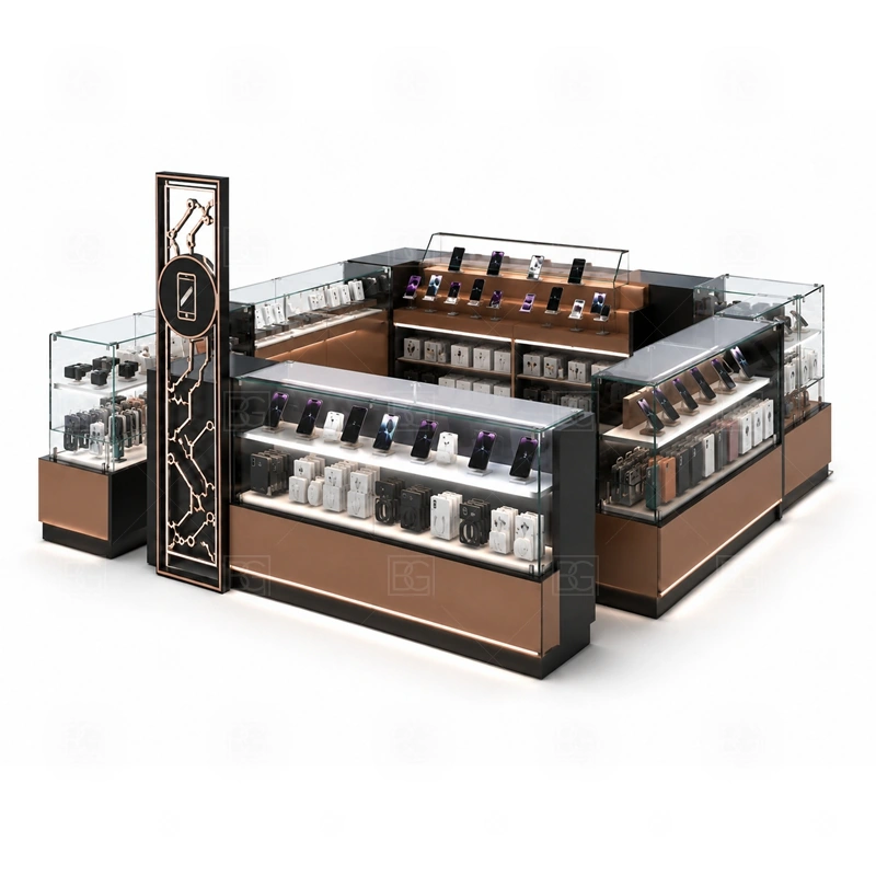 Open Display Mobile Phone Kiosk for Shopping Mall service area for self-browsing support, quick staff recommendation, checkout, and product packing shown in the open display mobile phone kiosk for shopping mall product photos; the kiosk can follow repair service counter, device handoff area, and lockable tool storage