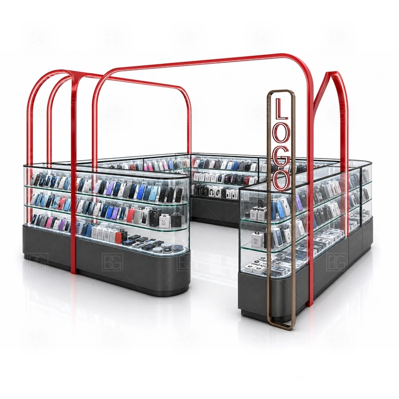 Open Display Phone Accessories Kiosk for Retail Business showing an open customer path supported by staff-side counters and lockable areas for higher-value items shown in the open display phone accessories kiosk for retail business product photos, with a stronger first impression at browsing distance plus practical checkout close to the display