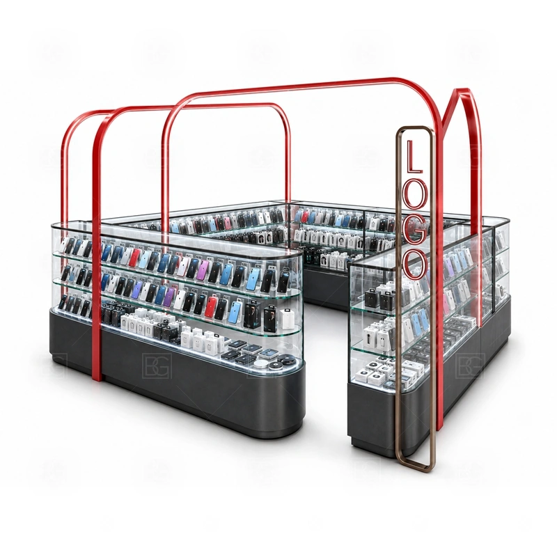 Open Display Phone Accessories Kiosk for Retail Business display detail for open shelves, wall hooks, sample products, and selected glass counters for protected items shown in the open display phone accessories kiosk for retail business product photos; the product photos also emphasize tempered glass showcases and visible accessory display zones