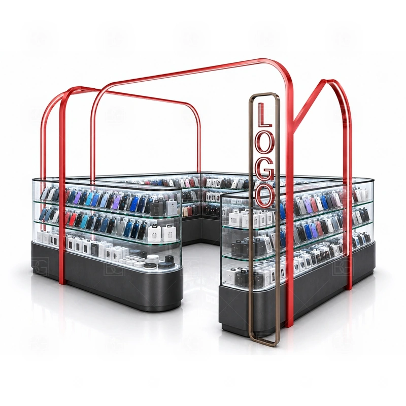 Open Display Phone Accessories Kiosk for Retail Business service area for self-browsing support, quick staff recommendation, checkout, and product packing shown in the open display phone accessories kiosk for retail business product photos; the kiosk can follow cashier counter, POS area, customer service opening, and storage planning