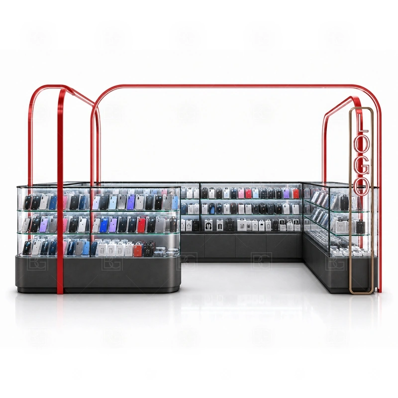 Open Display Phone Accessories Kiosk for Retail Business signage detail with clear category graphics and logo signs that help shoppers understand the open display quickly shown in the open display phone accessories kiosk for retail business product photos; this page also uses custom logo signage and brand color presentation