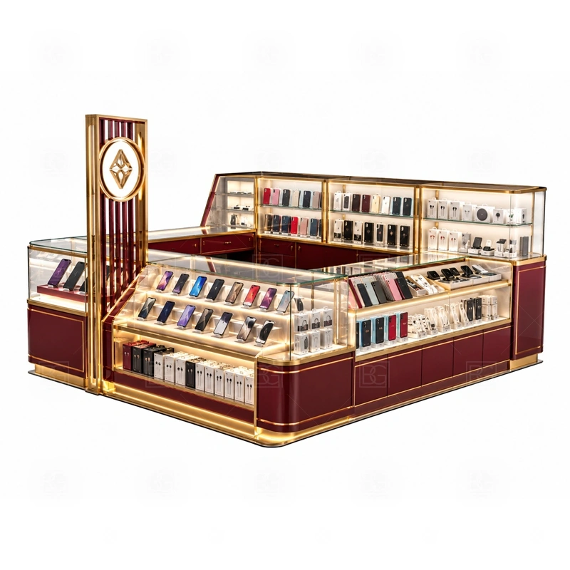 Open Display Phone Case Kiosk with Glass Showcase with a glass-showcase phone kiosk with transparent product protection, counter lighting, and a cleaner premium display line shown in the open display phone case kiosk with glass showcase product photos for phone case merchandising and accessory add-on sales