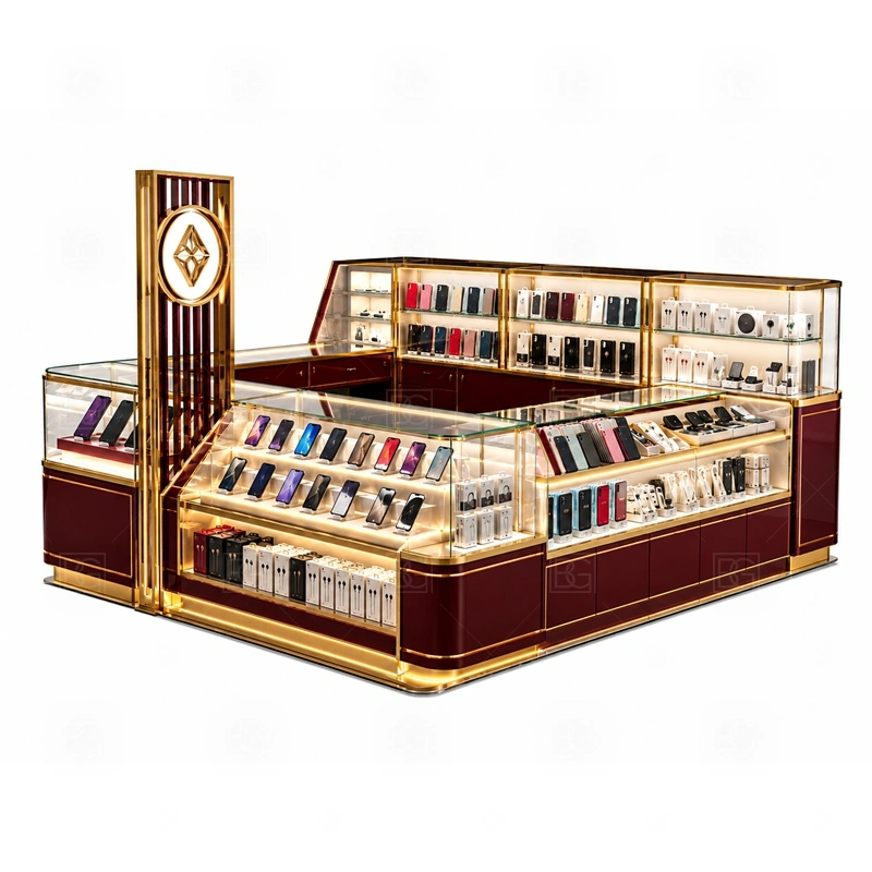 Open Display Phone Case Kiosk with Glass Showcase display detail for lockable tempered glass showcases for phones, boxed accessories, and featured products shown in the open display phone case kiosk with glass showcase product photos; the product photos also emphasize tempered glass showcases and visible accessory display zones