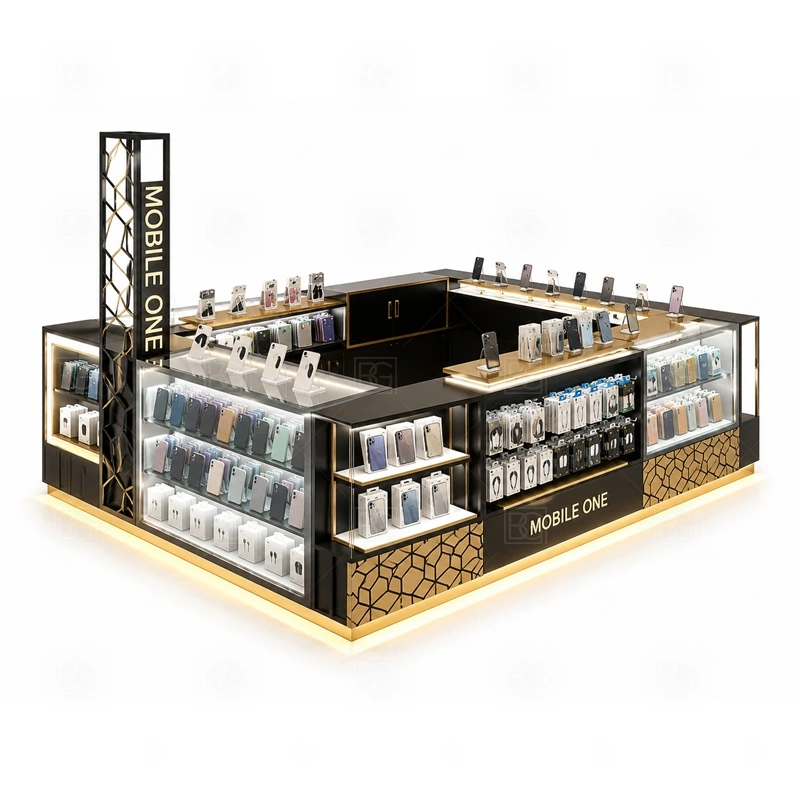 Open Display Shopping Mall Phone Kiosk with Lockable Storage with an open-display phone kiosk with easier product access, visible shelving, and approachable customer browsing shown in the open display shopping mall phone kiosk with lockable storage product photos for phone retail and mall accessory sales