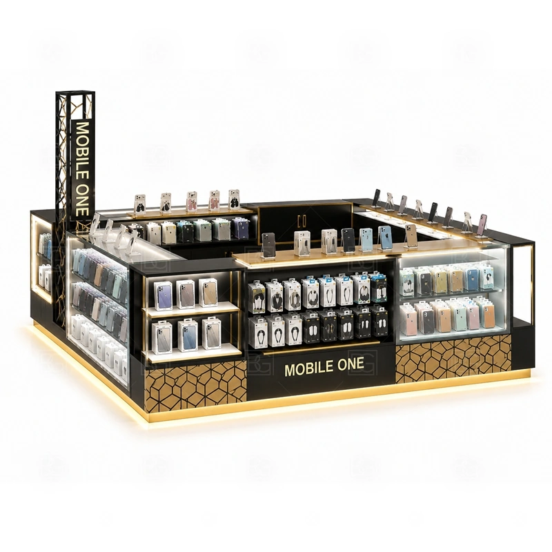 Open Display Shopping Mall Phone Kiosk with Lockable Storage showing an open customer path supported by staff-side counters and lockable areas for higher-value items shown in the open display shopping mall phone kiosk with lockable storage product photos, with separate zones for browsing, payment, stock refill, and product consultation