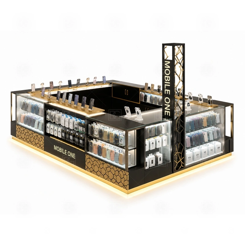 Open Display Shopping Mall Phone Kiosk with Lockable Storage display detail for open shelves, wall hooks, sample products, and selected glass counters for protected items shown in the open display shopping mall phone kiosk with lockable storage product photos; the product photos also emphasize tempered glass showcases and visible accessory display zones