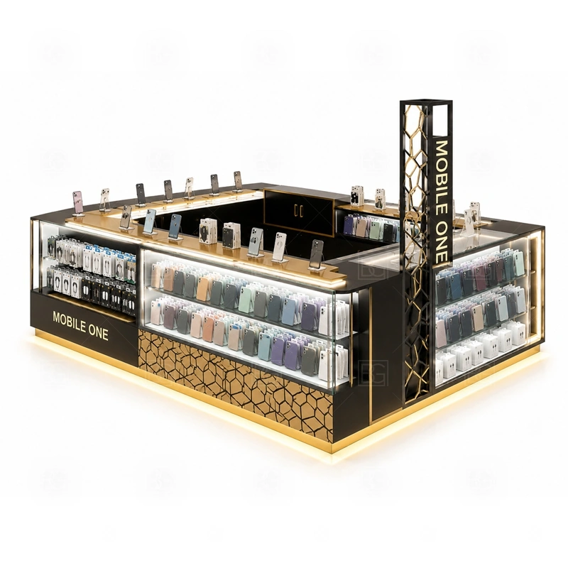 Open Display Shopping Mall Phone Kiosk with Lockable Storage service area for self-browsing support, quick staff recommendation, checkout, and product packing shown in the open display shopping mall phone kiosk with lockable storage product photos; the kiosk can follow cashier counter, POS area, customer service opening, and storage planning
