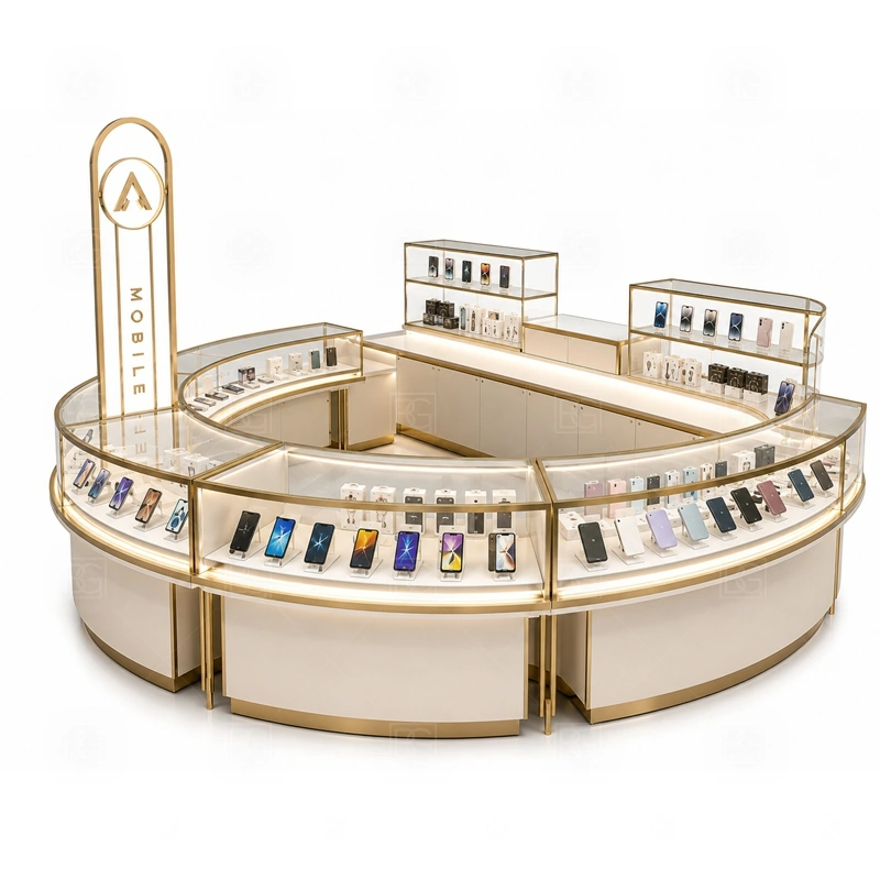 Phone Case Cell Phone Kiosk Design showing a browsing-first plan that keeps case walls visible while checkout and storage stay close to staff shown in the phone case cell phone kiosk design product photos, with front-facing customer movement with staff work kept behind the display line